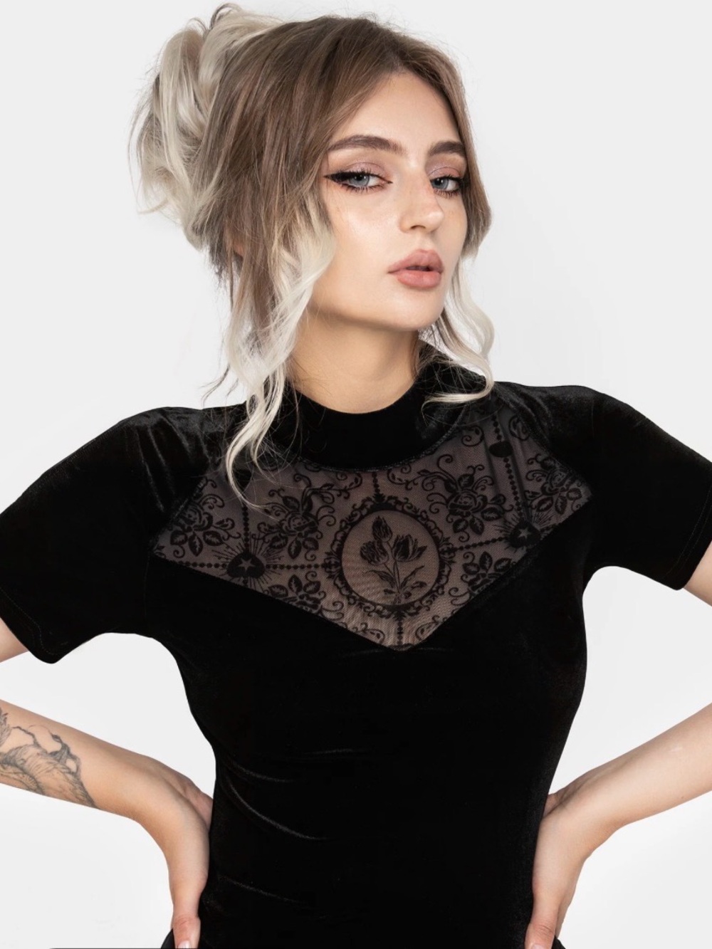 Disturbia Black Velvet Short Sleeve Top with Lace Yoke